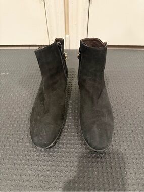 Italian suede booties with gold chain accent